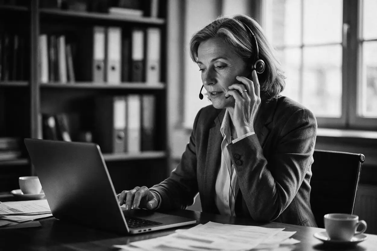 Une conseillère au téléphone devant son portable, à son bureau
