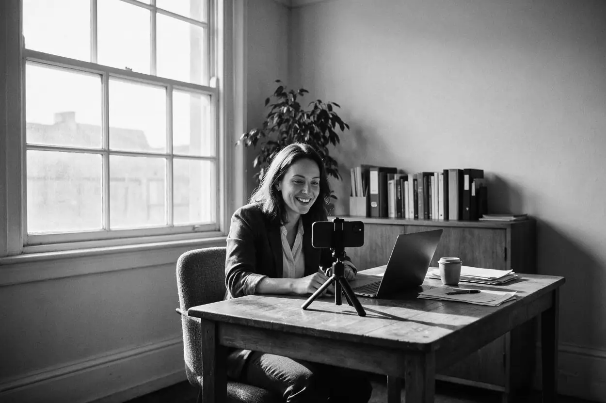 Une entrepreneure se filme avec son téléphone, à son bureau