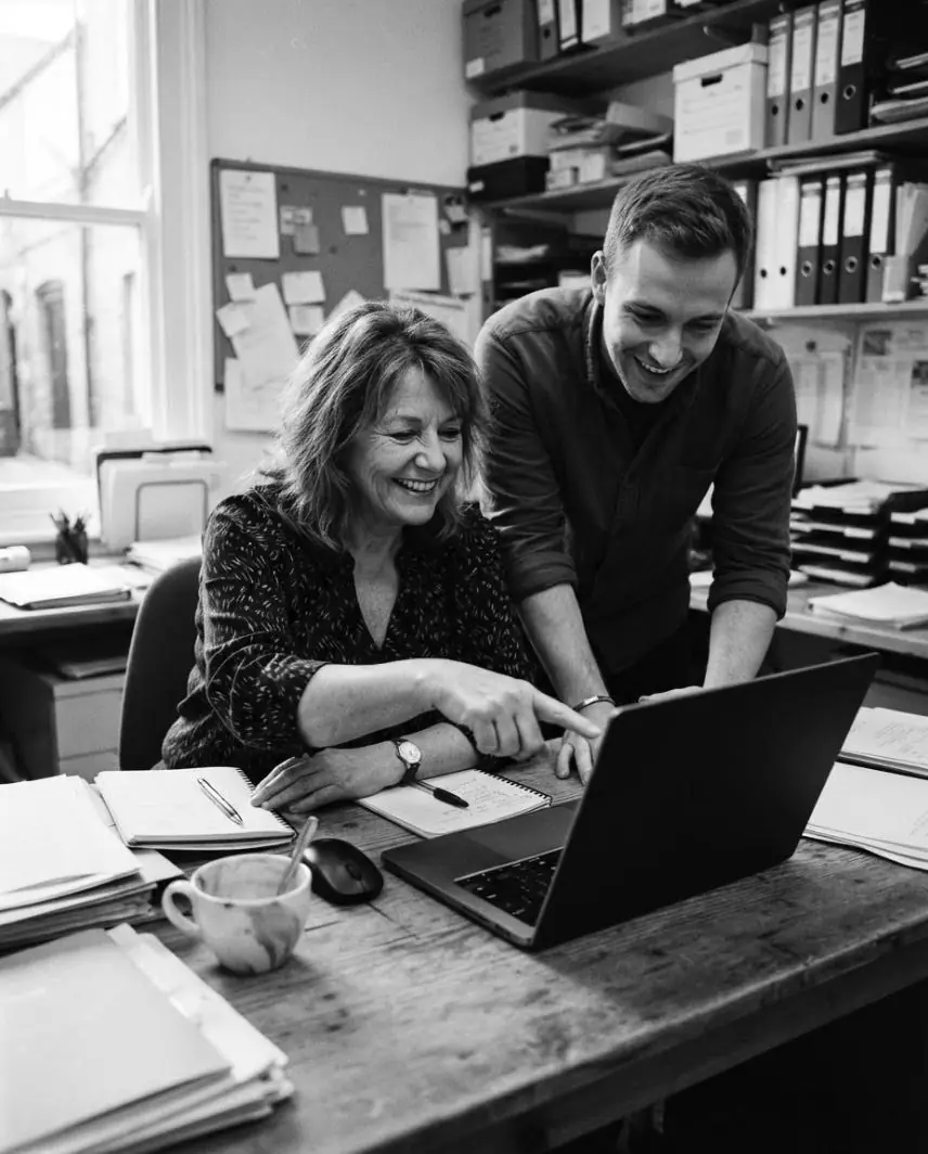 Deux collègues devant un portable, souriants