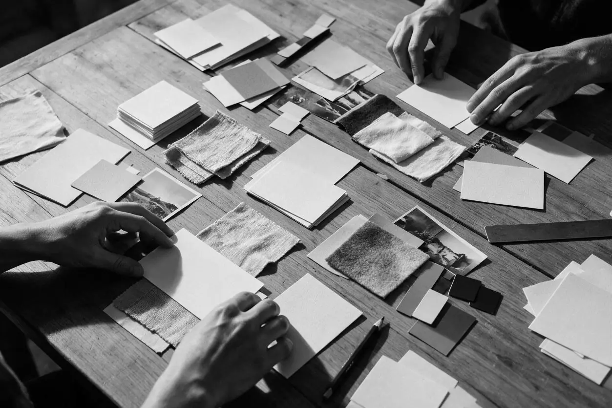Des mains classent des cartons et des échantillons sur une table