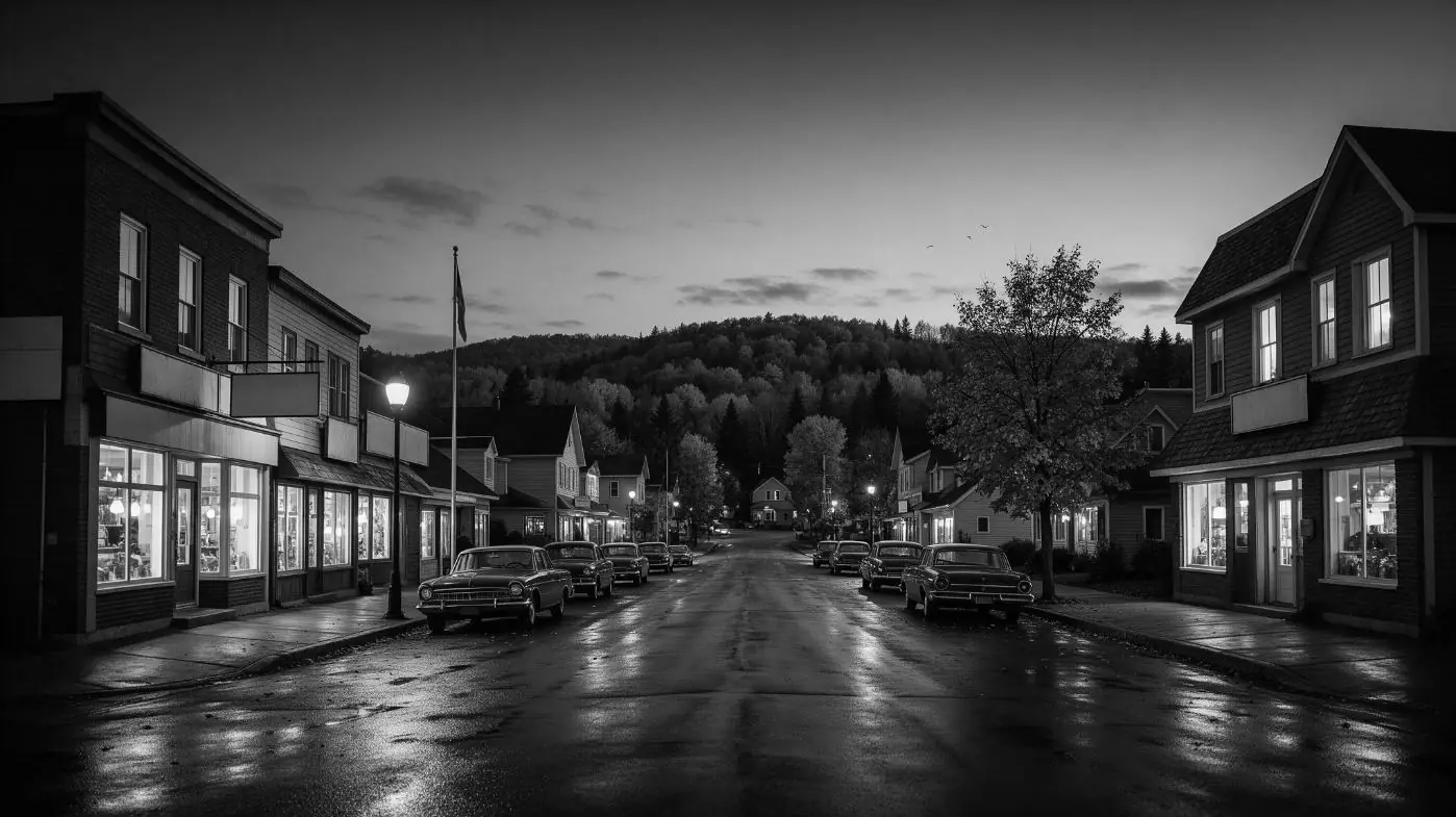 Rue principale d'une petite ville des Laurentides, au crépuscule