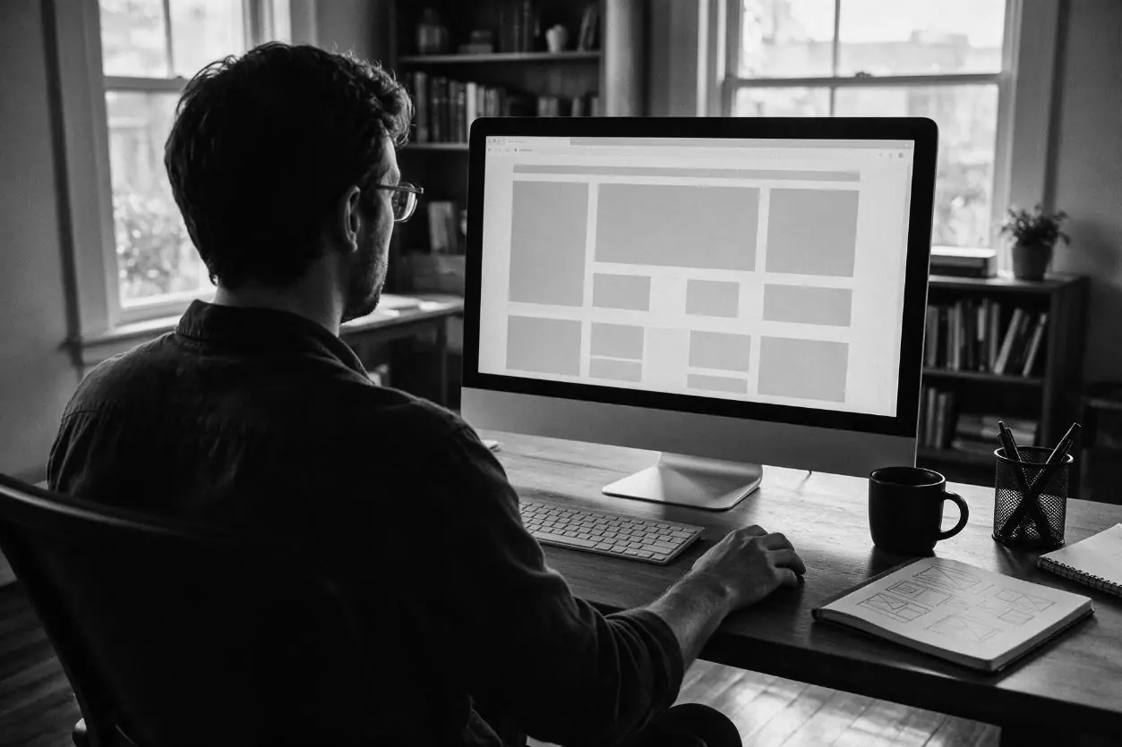 Un concepteur Web devant une maquette à l'écran